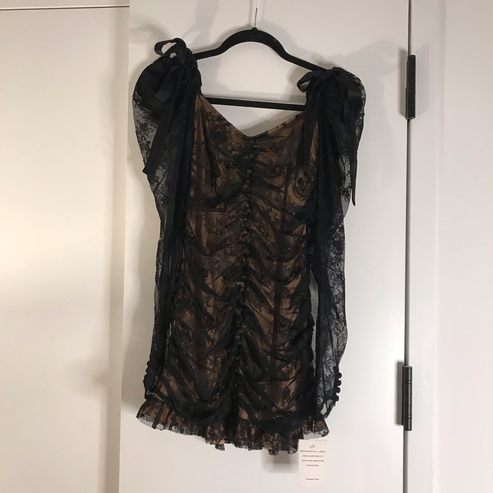 Black Ruched Dress with Lace Overlay
